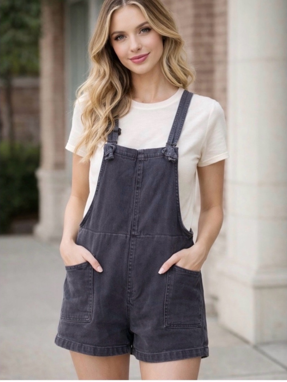 Zenana Outfitters Charcoal Gray Denim Short Overalls